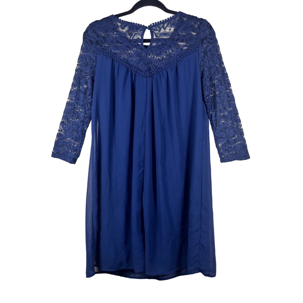 Luxology Shift Dress Womens Blue Lace Yoke 3/4 Sleeve Chiffon Size 8